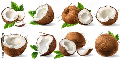Fresh coconuts with green leaves, ideal for tropical concepts