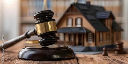 Legal Issues Related to Home Ownership: Gavel on Table in Front of House Model. Concept Legal Issues, Home Ownership, Gavel, House Model, Real Estate photo