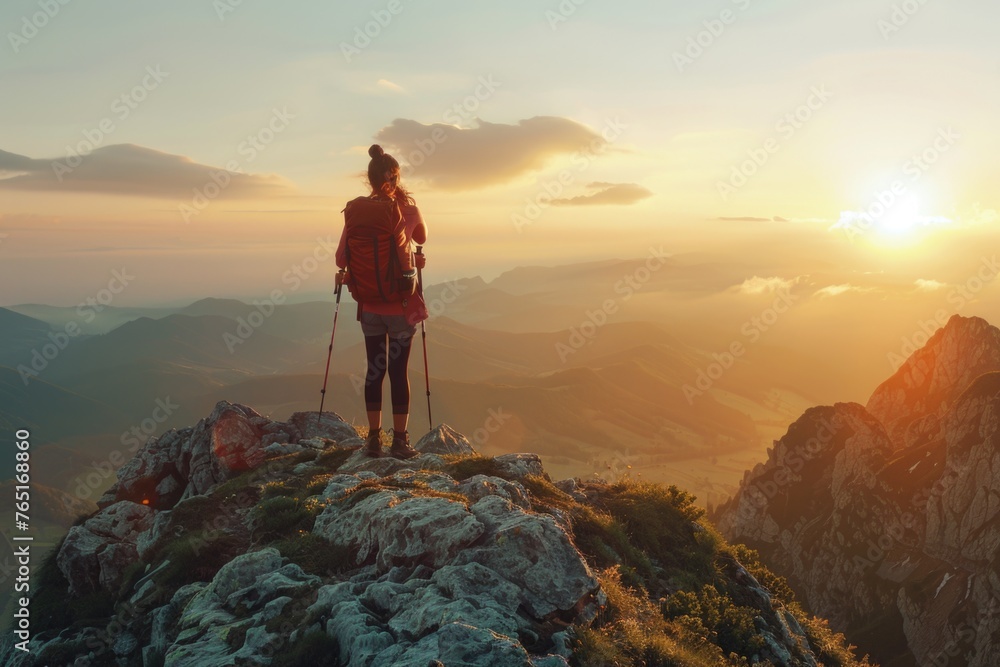 A breathtaking view of a person standing on top of a mountain at sunset. Perfect for outdoor enthusiasts and travel blogs