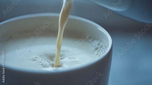 Fresh milk being poured into a white cup, suitable for food and drink concepts