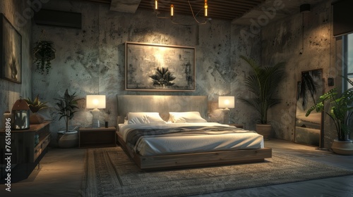 Modern bedroom interior with large windows, hanging pendant lights, and framed mountain landscape art.