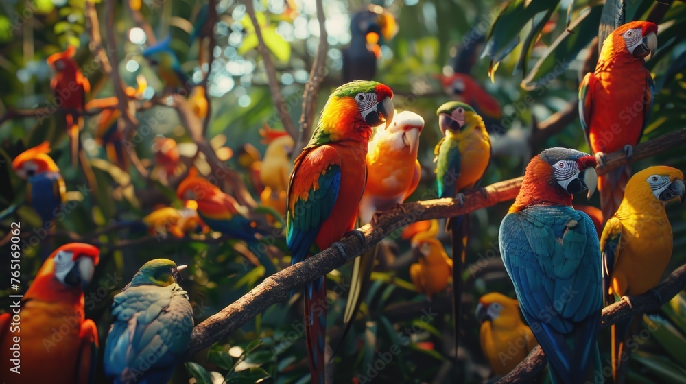 Obraz premium Colorful birds perched on a tree branch, perfect for nature-themed designs