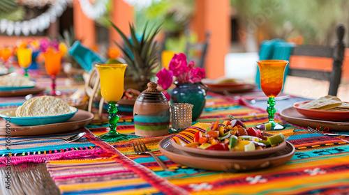Festive Cinco de Mayo Celebration Table Decorated with Vibrant Colors, Traditional Mexican Culture Symbols, Delicious Food, Margarita Cocktails, and Fun Party Accessories 