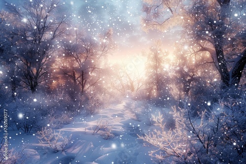 A serene snow covered path through a peaceful forest. Ideal for nature and winter themed designs #765169077