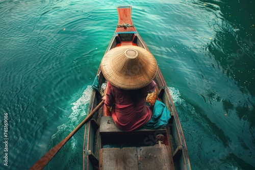 A person wearing a hat in a boat on the water. Suitable for travel or leisure concepts
