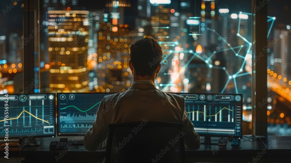 Man monitoring financial data on screens with city skyline at night. Digital technology and analysis concept for design and print