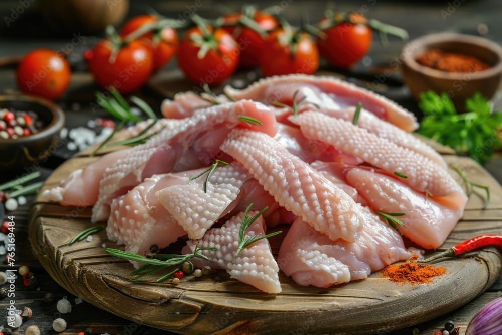Fresh raw chicken on a wooden cutting board, suitable for food preparation concepts Fresh raw chicken on a wooden cutting board, suitable for food preparation concepts