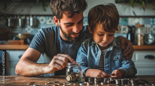 Father and son counting coins into a glass jar. Home savings concept. Casual indoor family activity.