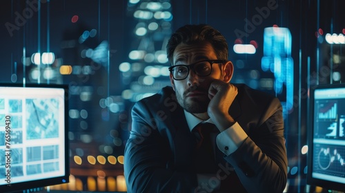 Exhausted businessman working late in office with multiple screens displaying data. Overwork and stress concept