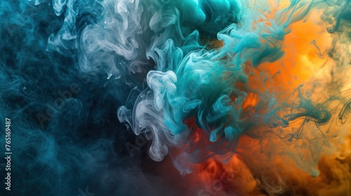 A swirling mass of multi-colored smoke in shades of blue, green and red. The smoke is thick and forms abstract shapes, creating a dynamic and visually appealing scene.