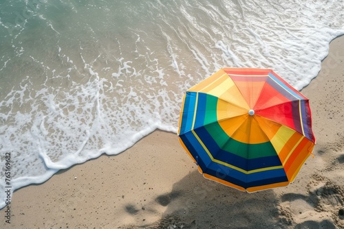 Beach umbrella sunny background. Holiday sea. Generate Ai