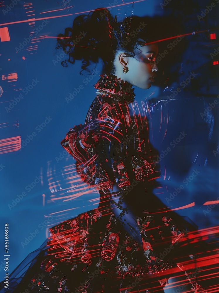 Avant garde fashion photoshoot of a female haute couture model in an elaborate and complex dress, motion blur. From the series “The Lovely Ladies.”