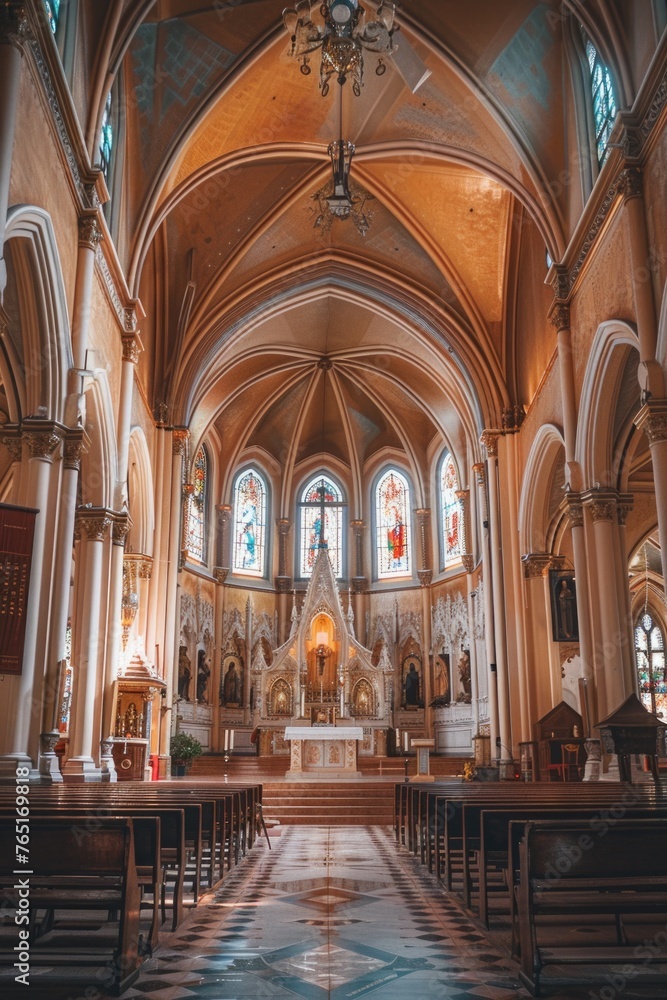 Fototapeta premium A church interior with colorful stained glass windows and wooden pews. Suitable for religious or spiritual themes