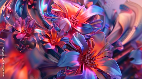 Digital 3D rendering of luminous floral abstract. Artistic waves and flowers concept for vibrant wallpaper or print design