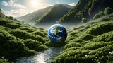 earth day concept, save the world, globe on moss, globe and forest, eco-friendly, planet earth, nature background, 8k