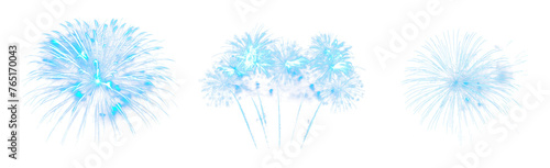 Celebration concept. Set of fireworks display show. Colorful blue explosion in the sky. Isolated transparent PNG. Various explosion of different dimensions and shapes. New year, 4th of July