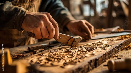 An experienced carpenter works on a wooden board with a chisel, carefully carving out a floral pattern. Close-up of hands.