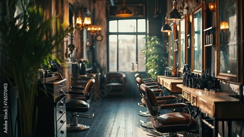 A dimly lit barber shop with wood paneling, leather chairs, and a long mirror. © ProPhotos
