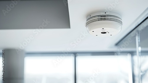 Modern office safety with ceiling mounted smoke detector. simple, clean design for commercial use. ensures fire protection and security. AI