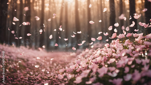 Background with ptreees with pink flowers and petals photo