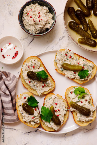 Sardine and cream cheese rillettes with gherkins .top veiw