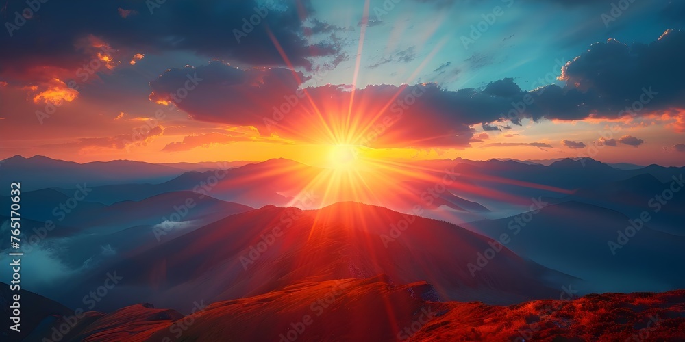 A Breathtaking k Sunrise: Vibrant Rays Illuminating the Landscape, Signifying a Fresh Start. Concept Nature, Sunrise, Landscape, Vibrant Colors, Fresh Start