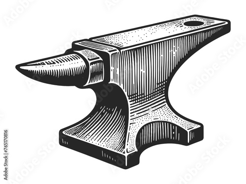 Vintage blacksmith anvil, depicted in an engraved style. Sketch engraving generative ai vector illustration. Scratch board imitation. Black and white image.