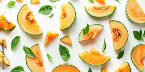 Fresh slices of melon on a white table, perfect for summer menus or healthy eating concepts photo