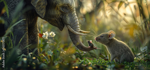 An elephant and a mouse in the grass. Suitable for children's books or educational materials