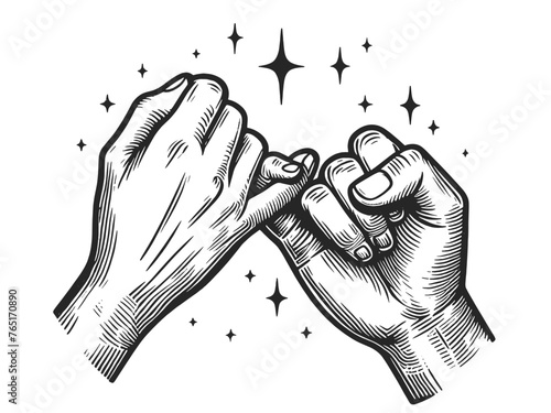 Couple in love hold hands engaging in a pinky promise, symbolizing love trust and friendship sketch engraving generative ai fictional character vector illustration. Scratch board imitation.