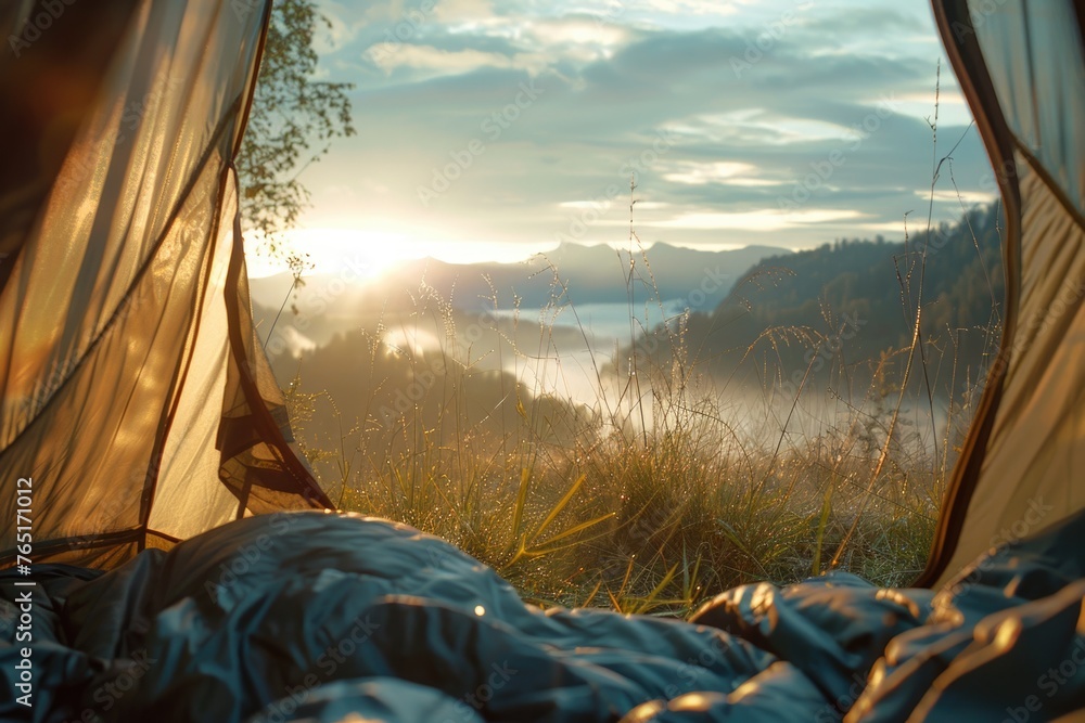 A person relaxing in a tent as the sun sets. Suitable for outdoor and camping themes