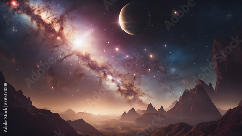 Cosmic planet surface  futuristic celestial bodies  galaxy stars and comets view.
