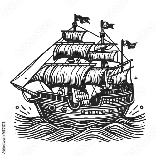 vintage pirate ship with sails raised and flags flying, in an engraving style on waves sketch engraving generative ai vector illustration. Scratch board imitation. Black and white image.