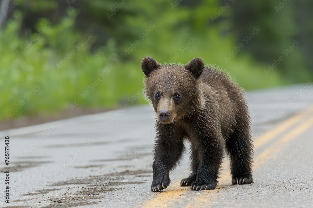 Obraz premium Bear cub road in fog. Grizzly predator. Generate Ai