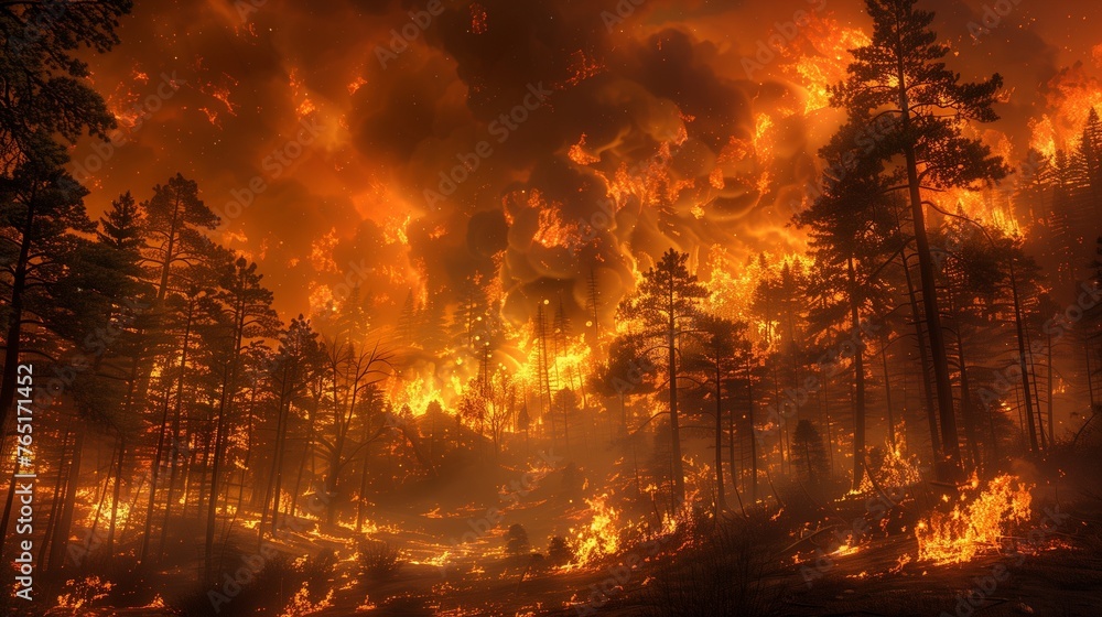 Fototapeta premium Intense Flames Engulfing Ancient Trees in a Wild Forest Fire - Ultra HD, High-Resolution Emergency Response Photography.