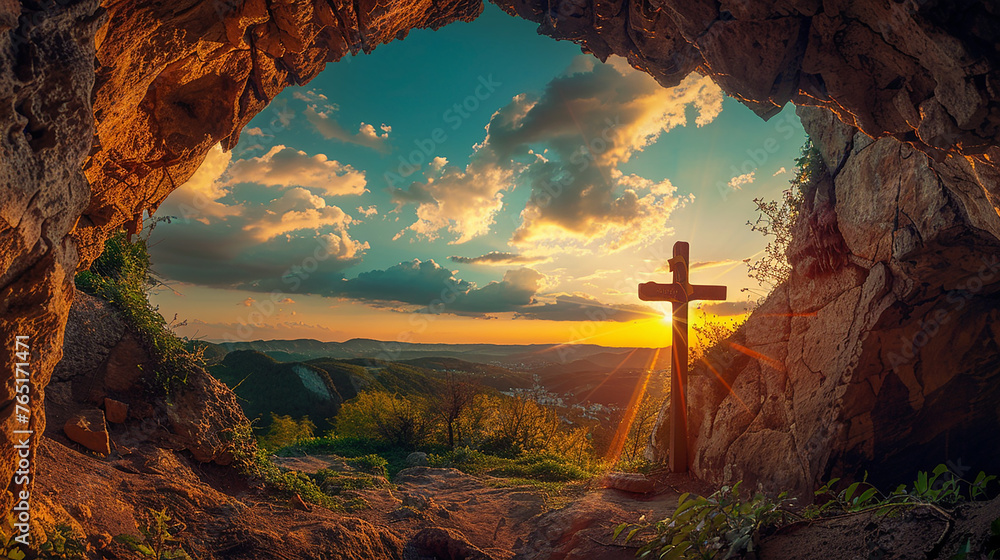 vista do pôr do sol de uma cruz de madeira de uma caverna