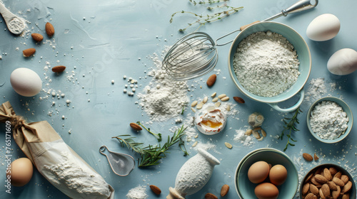 A cascade of flour in the center, with eggs, almonds, and baking utensils arranged on a kitchen table. photo