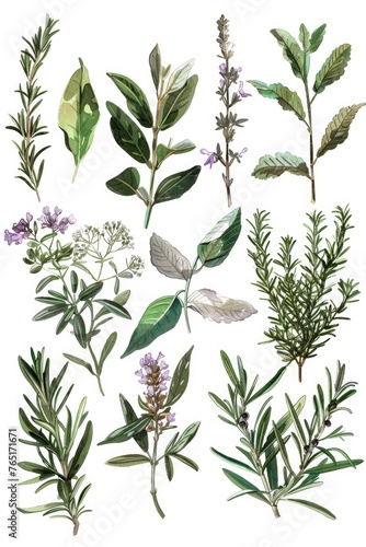 Assorted herbs on a plain white backdrop  ideal for culinary or botanical concepts