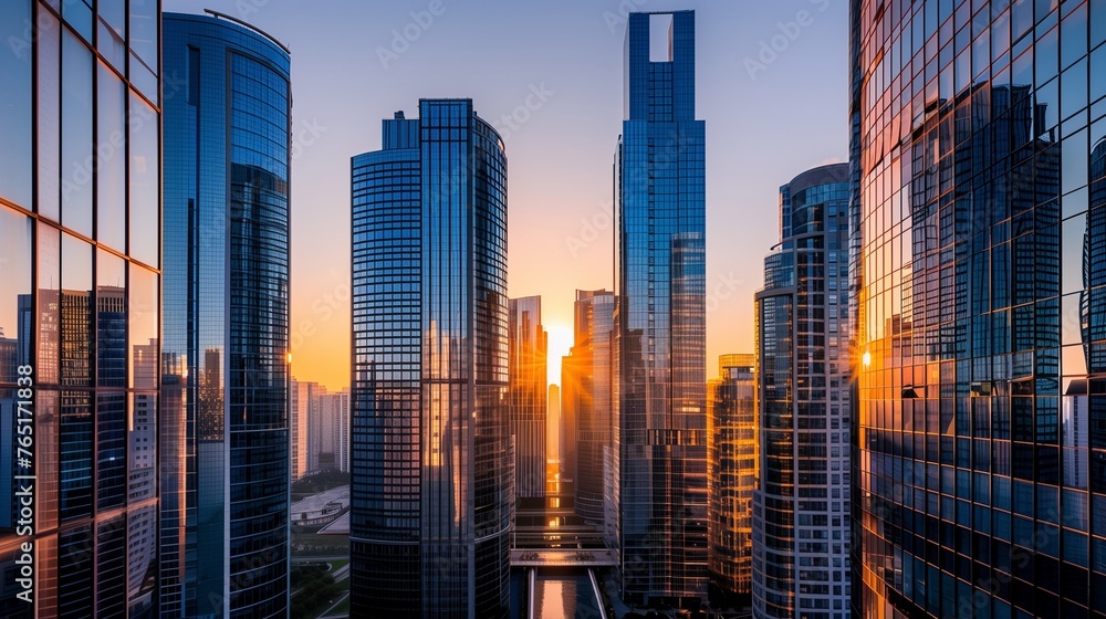 Majestic Urban Oasis: Reflective Skyscrapers Towering Over this image featuring sleek, mirror