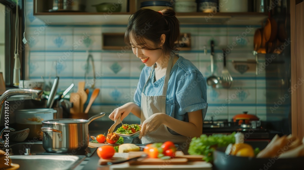 Young woman seasoning salad in kitchen with natural light. Homestyle cooking concept suitable for cookbook covers and food blogs