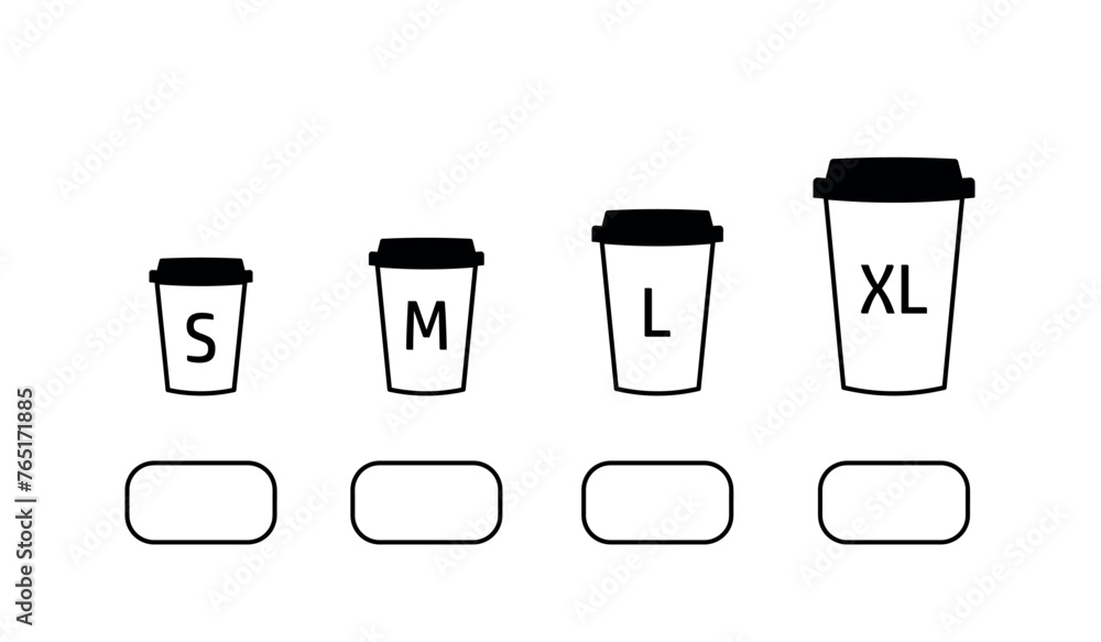 black outline coffee cup icons of small, large, medium and extra large size, vector flat paper cup for drink, take, takeaway, takeout, cafe menu illustration black outline coffee cup icons of small, large, medium and extra large size, vector flat paper cup for drink, take, takeaway, takeout, cafe menu illustration
