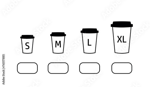 black outline coffee cup icons of small, large, medium and extra large size, vector flat paper cup for drink, take, takeaway, takeout, cafe menu illustration