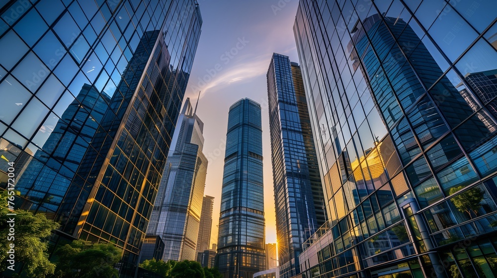 Majestic Urban Oasis: Reflective Skyscrapers Towering Over this image featuring sleek, mirror Majestic Urban Oasis: Reflective Skyscrapers Towering Over this image featuring sleek, mirror