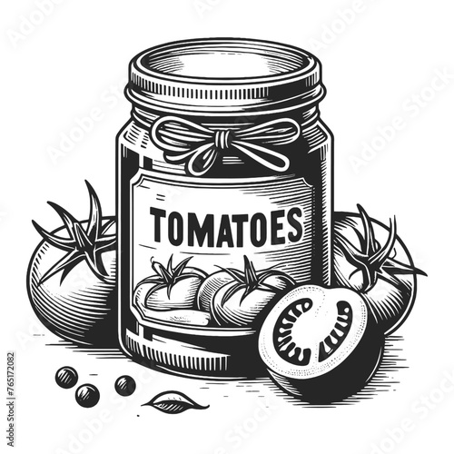 Canned tomatoes mason jar filled with ripe tomatoes and leaves sketch engraving generative ai fictional character vector illustration. Scratch board imitation. Black and white image.