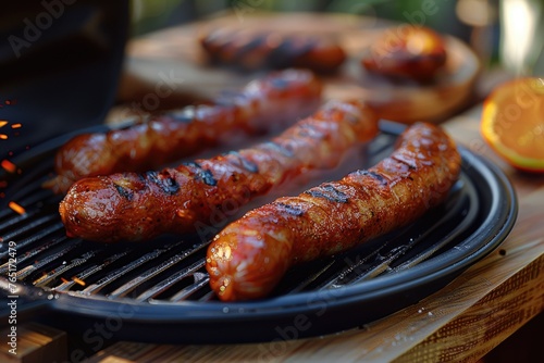Sizzling sausages on a hot grill, perfect for BBQ promotions