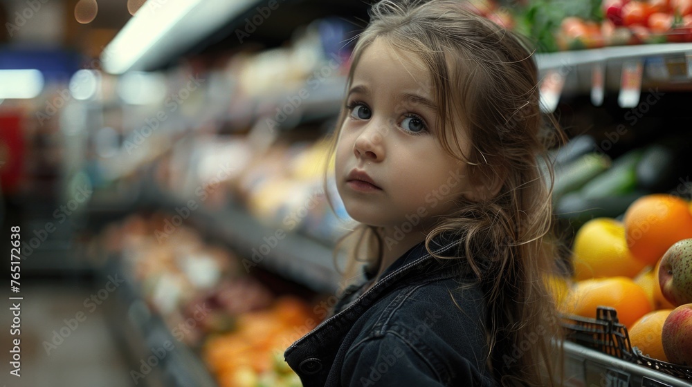 A little girl standing in front of a variety of fresh fruits and vegetables. Ideal for illustrating healthy eating habits A little girl standing in front of a variety of fresh fruits and vegetables. Ideal for illustrating healthy eating habits