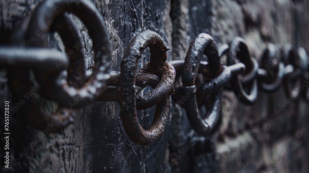 Detailed shot of a chain hanging on a wall, suitable for industrial concepts Detailed shot of a chain hanging on a wall, suitable for industrial concepts