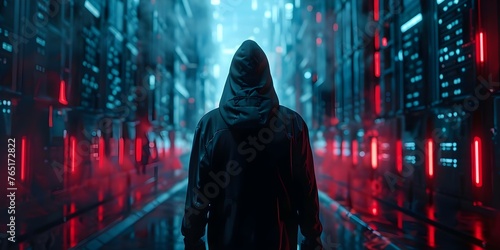 A hooded hacker infiltrates a futuristic city's government data servers, infecting them with a virus. Concept Science Fiction, Cybersecurity, Hackers, Futuristic Technology, Government Conspiracy