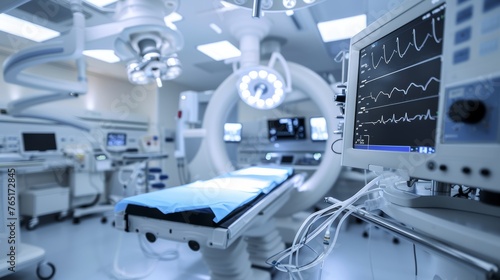 Modern hospital room with advanced medical equipment. Empty operation theater with monitoring devices.