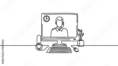 Single continuous one line drawing online support on desktop screen with headphones. Customer service concept. Continuous line draw design graphic vector illustration.